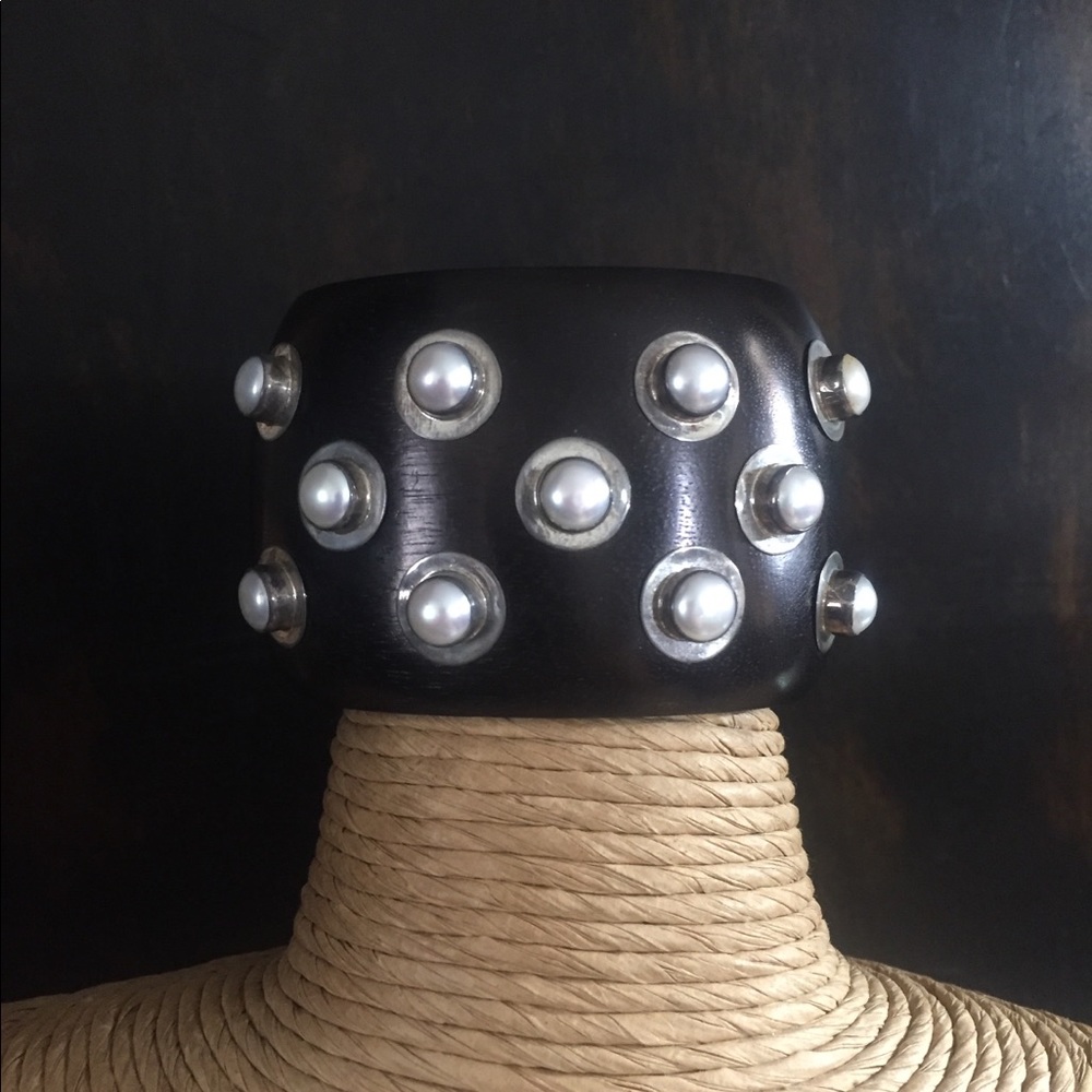 Pearl and Wood Cuff Bracelet.